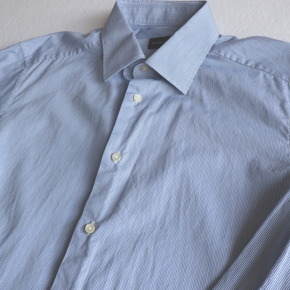 Ermenegildo Zegna Mens Blue White Micro Stripe 100fili Dress Shirt 42 16.5